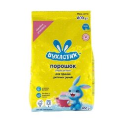 Пральний порошок "Вухастик" для прання дитячої білизни. Підходить для новонароджених, безпечний для чутливої шкіри. Розрахований на 6 циклів прання. Упаковка – 800 г.